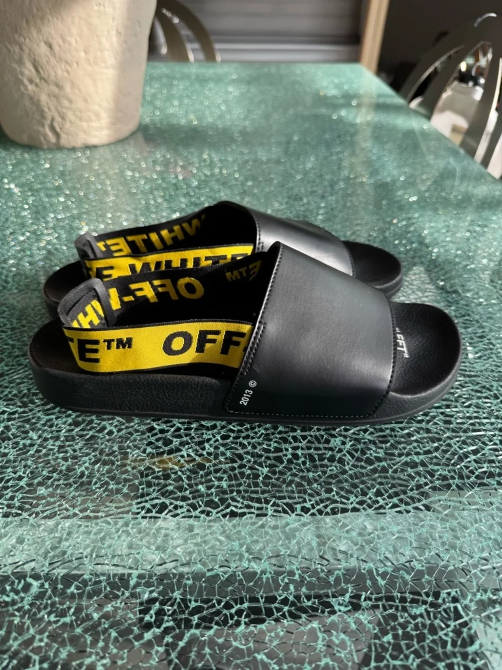 Off-White Black Slides‎ with Yellow Branded Sling 44